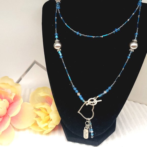 Dark Blue Hematite & Heart Charm Dangle Boho Wrap Bracelet/Necklace Earrings Set - Picture 5 of 17